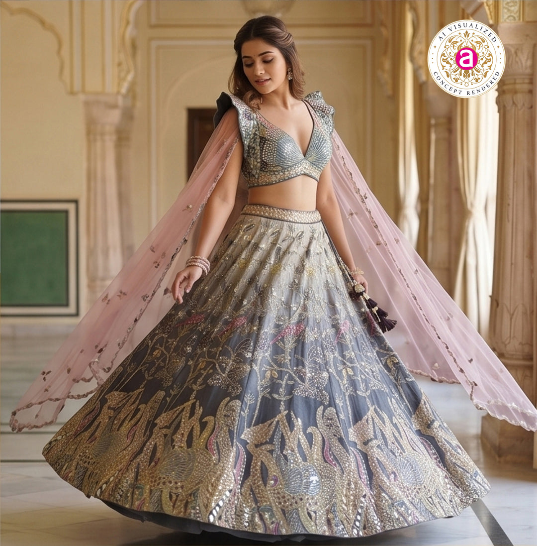 Dusty Grey Designer Lehenga Set with Blush Pink Dupatta