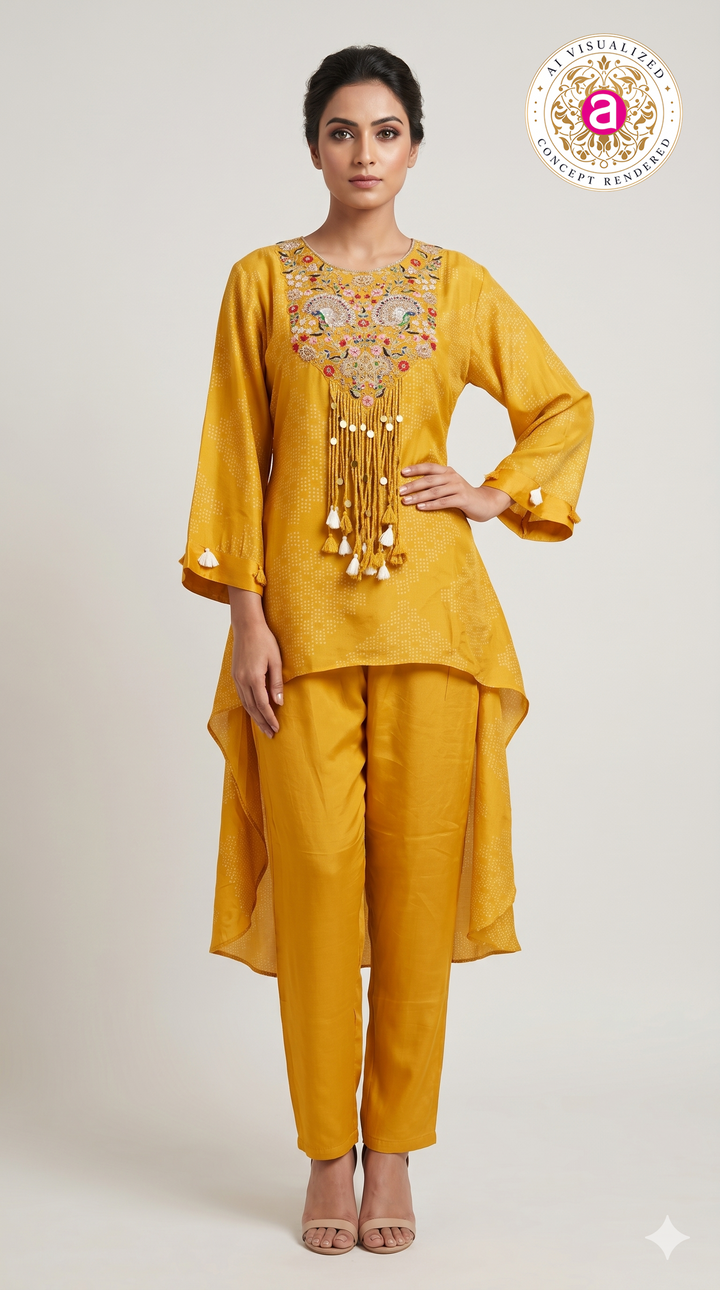 Mustard Yellow Embroidered Co-Ord Set with High-Low Tunic