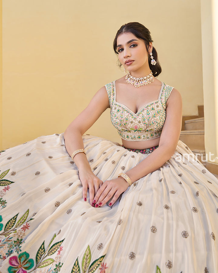 Cream Floral Embroidered Lehenga Choli with Matching Dupatta