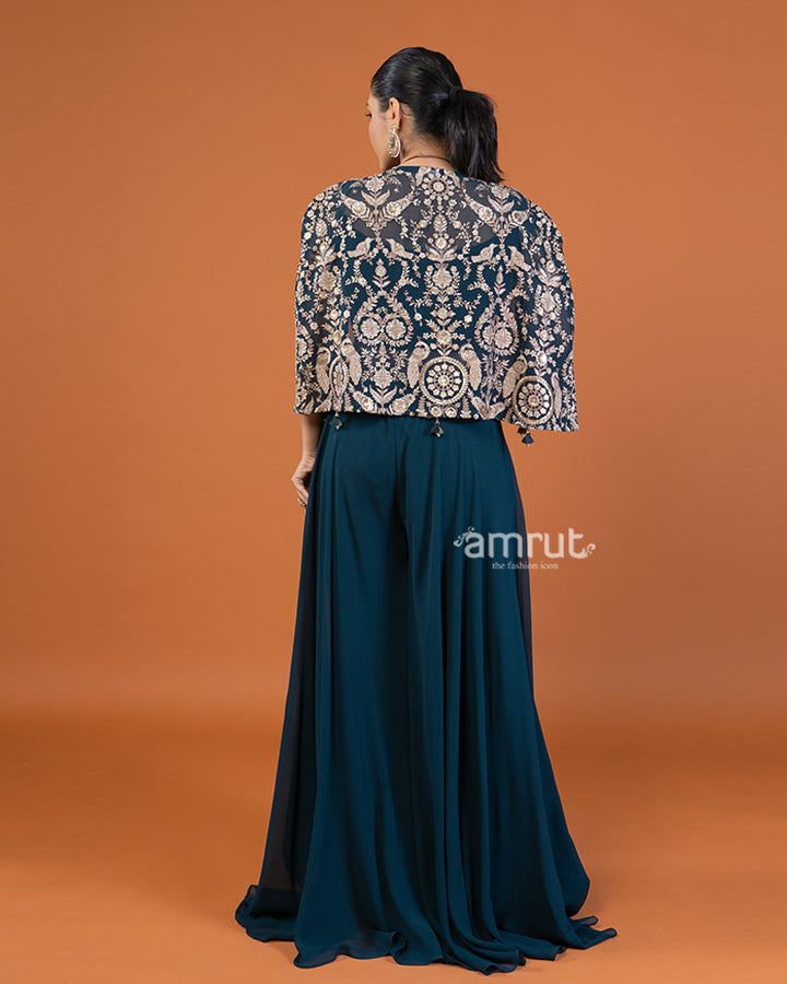 Deep Blue Embroidered Crop Top and Jacket with Palazzo Set