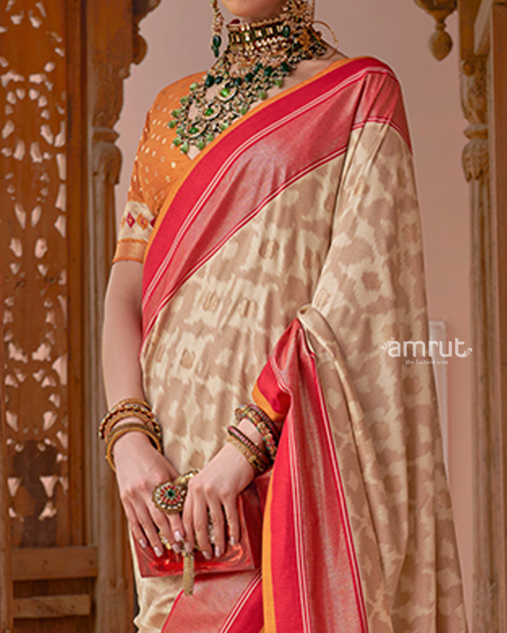 Cream Patola Silk Saree with Foil Print & Red-Orange Border with Unstitched Blouse