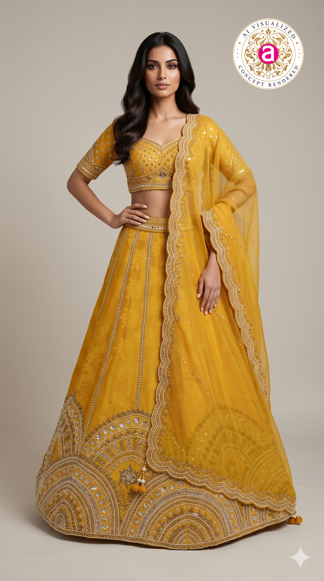 Mustard Yellow Designer Embroidered Lehenga Set with Organza Dupatta