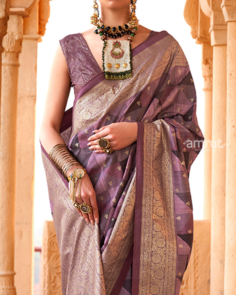 Purple Multicolor Zari Embellished Silk Saree with Unstitched Blouse