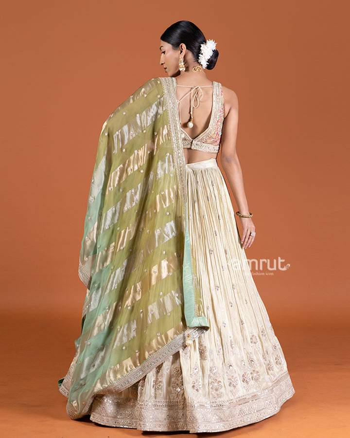 Beige Cream Embroidered Lehenga with Floral Choli and Green Dupatta