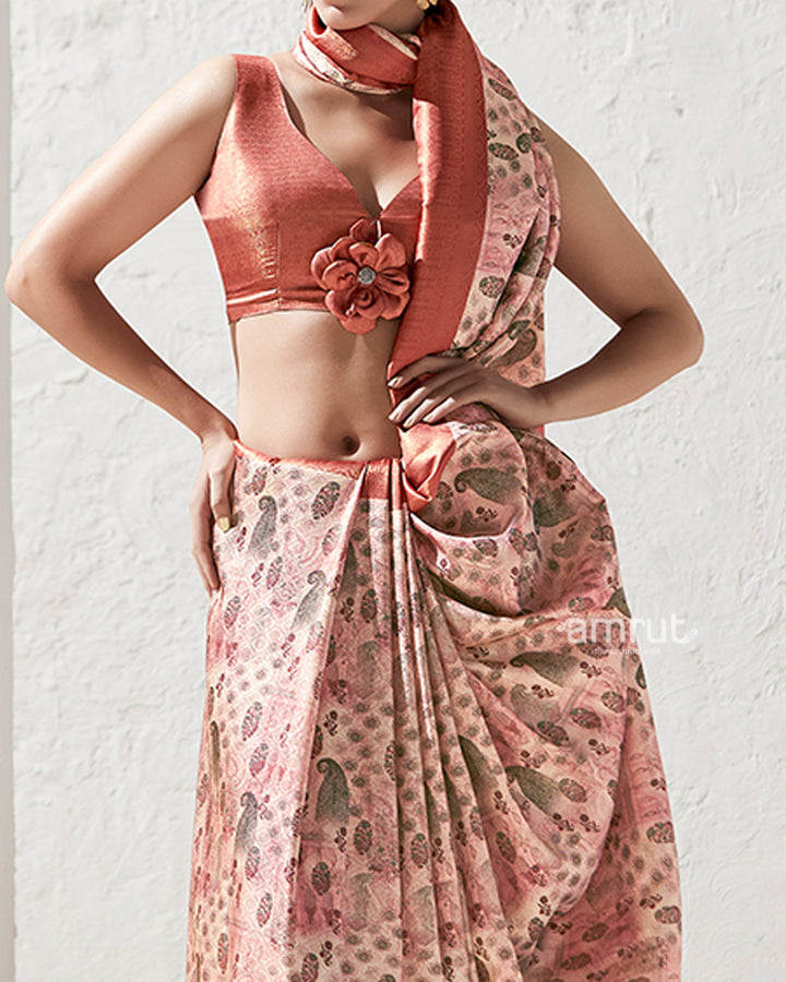 Copper Rust Floral-Print Brownish Pink Silk Saree with Unstitched Blouse