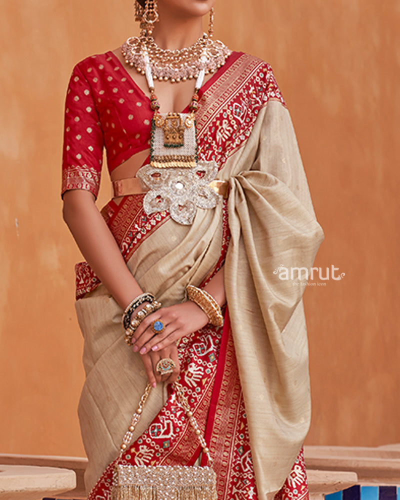 Cream Zari Weaving Red Border Saree in Patola Silk with Unstitched Blouse