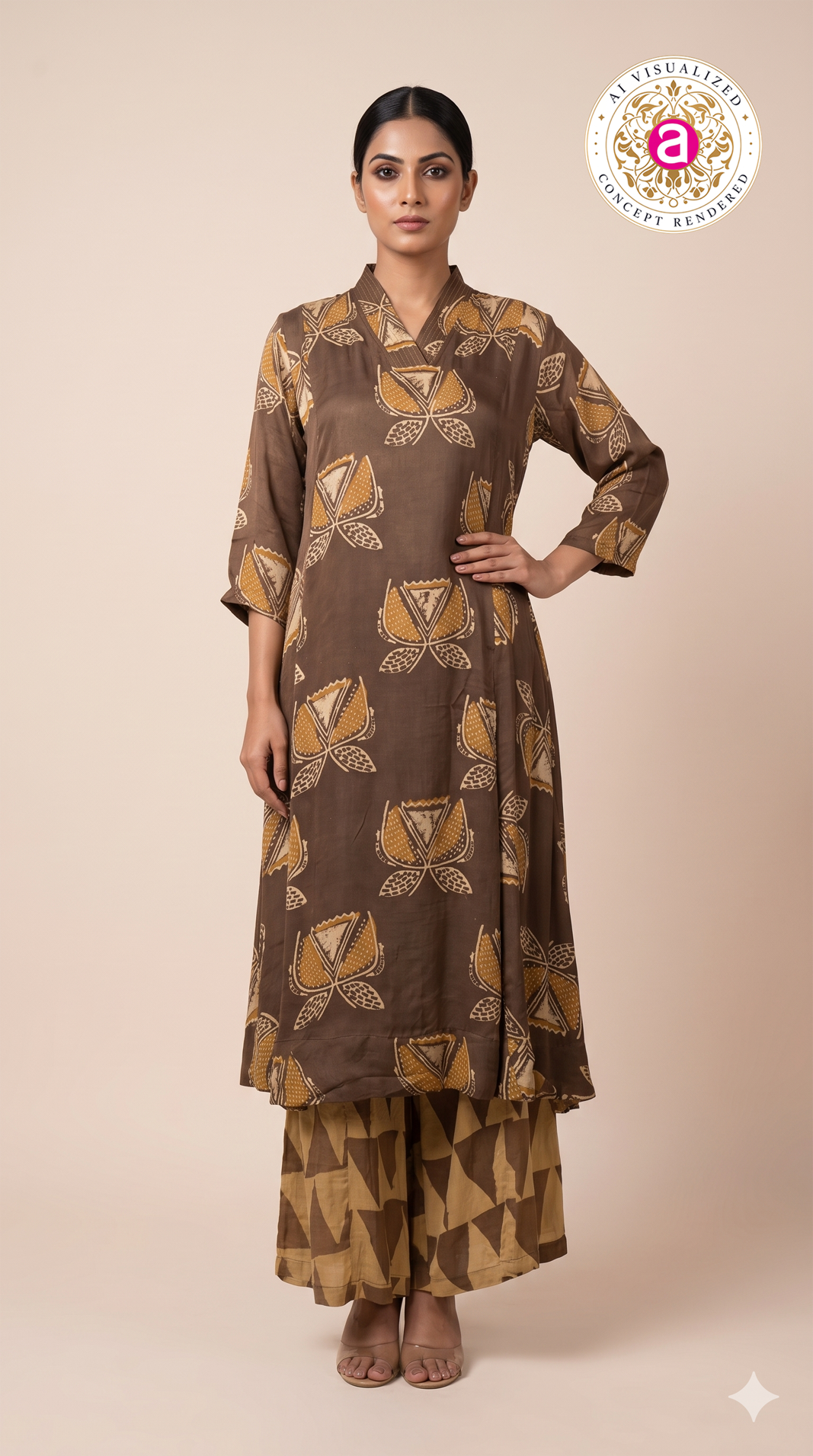 Brown Printed A-Line Kurta Set with Palazzo