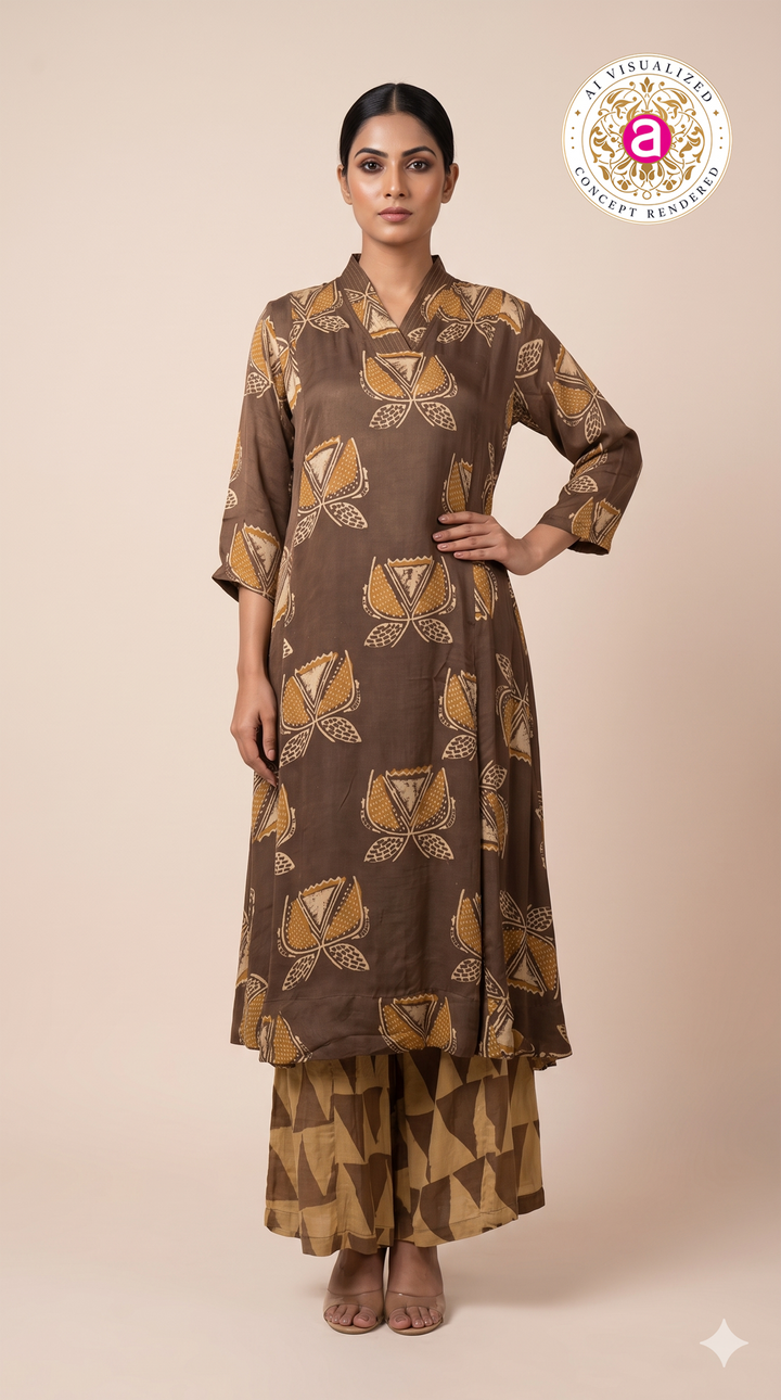 Brown Printed A-Line Kurta Set with Palazzo