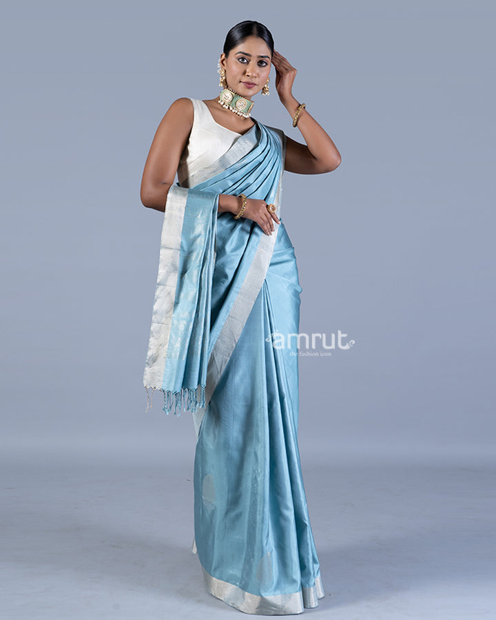 Light Blue with Golden Zari Leaf Patterns and Geometric Motifs Saree with unstitched blouse