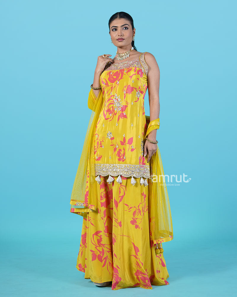 Yellow Floral Print with Beaded Embellished Salwar Kameez with Dupatta