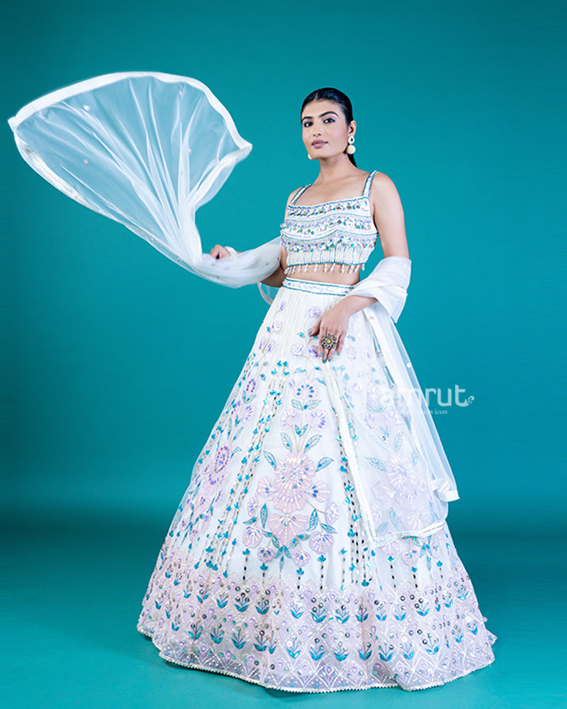 Embellished White Lehenga with Floral Embroidery and Sheer Off-White Dupatta