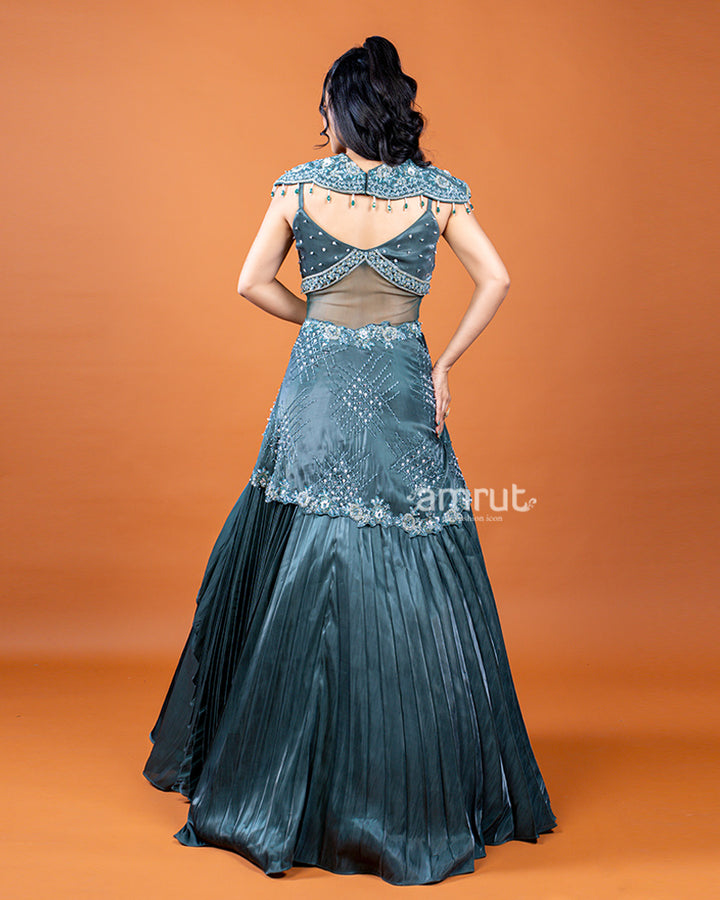 Teal Flared Circular Gown with Heavy Embellishments