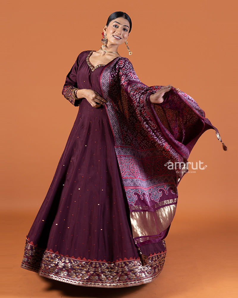 Wine Anarkali Featuring Sequin Buti Embellishments and Printed Dupatta