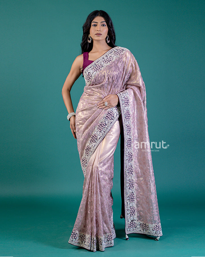 Light Purple Saree with Intricate Border Detailing and Unstitched Blouse