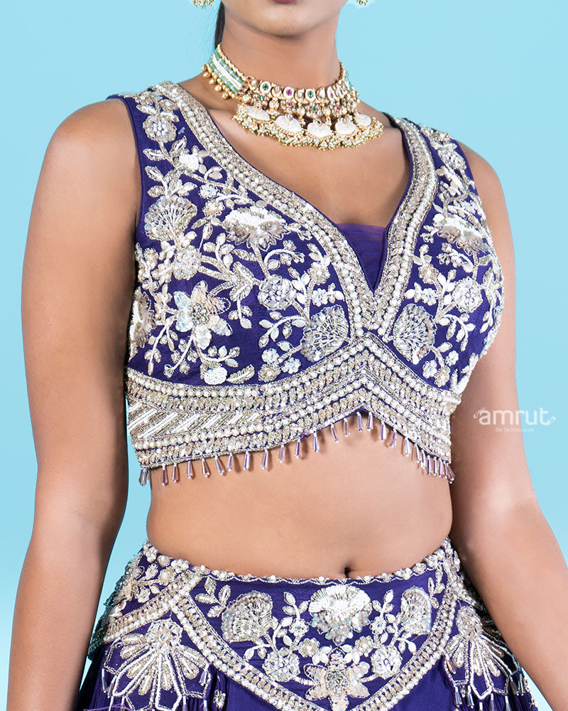 Purple Lehenga Choli with Silver Floral Embroidery and Beading