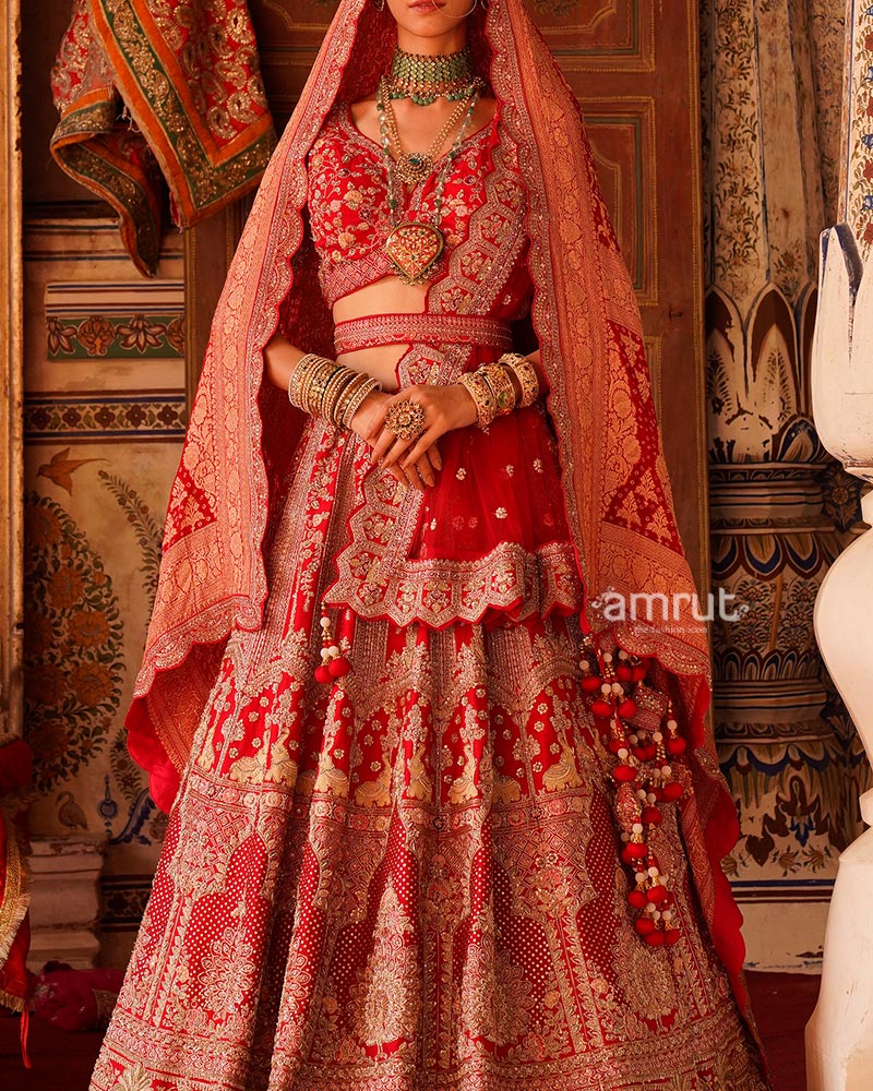 Crimson Red Golden Embroidered Bridal Lehenga Choli with Maroon Dupatta