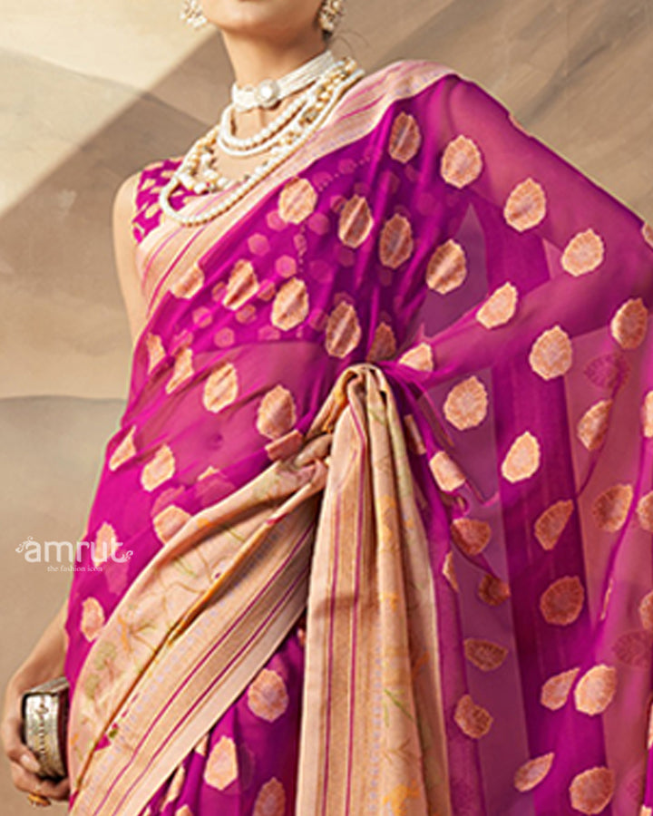 Pink with Golden Polka Dots, Nature-Inspired Print Border Georgette Saree and an Unstitched Blouse