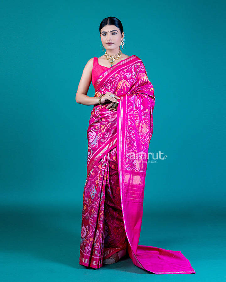 Magenta Pink Ikat Print Patola Saree with Unstitched Blouse