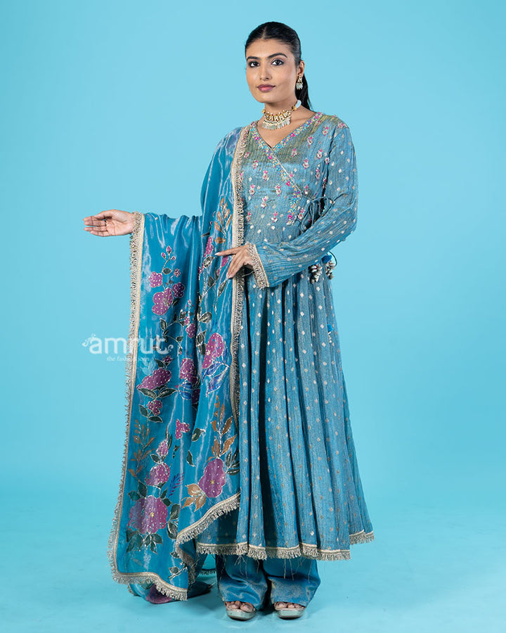 Blue Embellished Kameez with Palazzo Pants and Dupatta