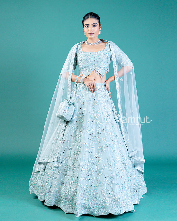 Aqua Blue Embellished Lehenga Choli with A-Line Skirt and Sheer Dupatta with Potli Hand Bag