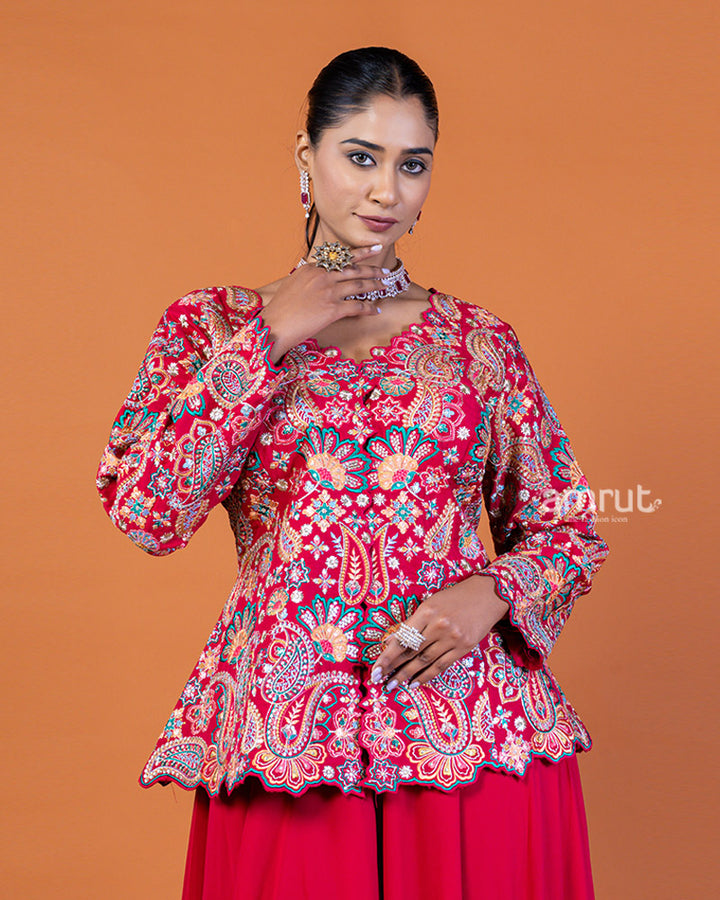 Rosy Red Embroidered Plum Top with Flowing Sharara Pants