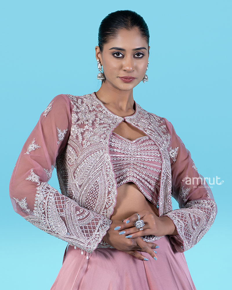 Rose-Pink Embroidered Jacket with Crop Choli and Flared Lehenga