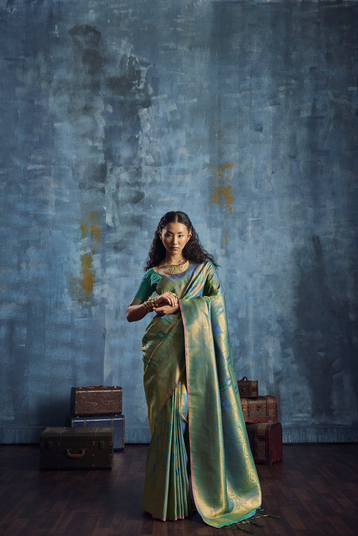 Sea Green Handloom Silk Saree with Gold Zari Weaving