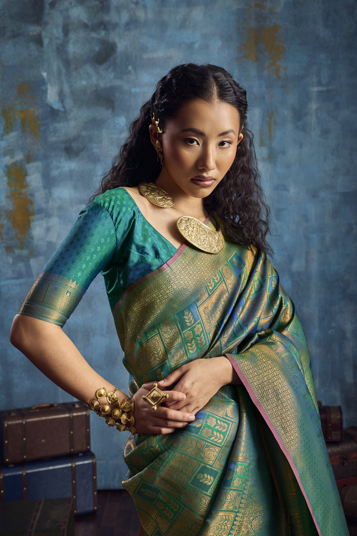 Sea Green Handloom Silk Saree with Gold Zari Weaving
