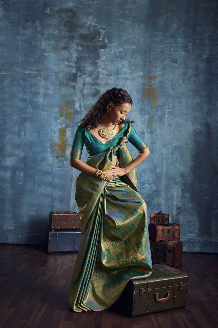 Sea Green Handloom Silk Saree with Gold Zari Weaving