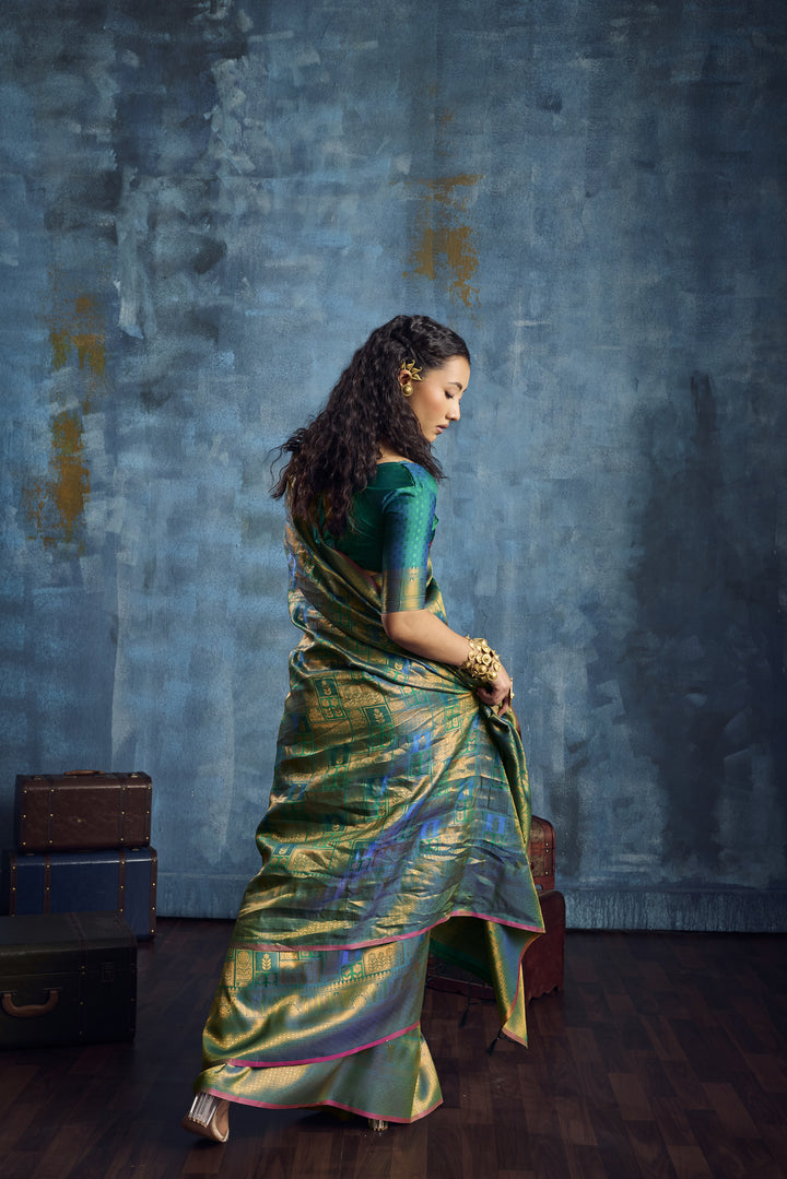 Sea Green Handloom Silk Saree with Gold Zari Weaving