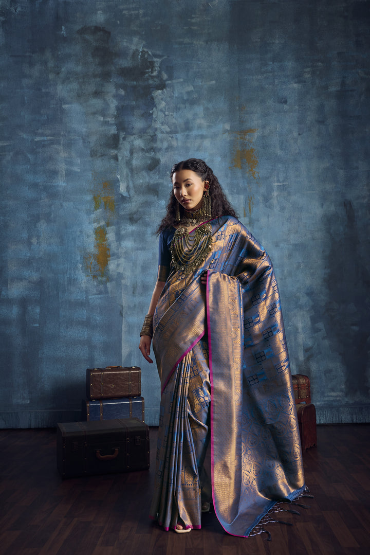Steel Blue Handloom Silk Saree with Antique Gold Zari Weaving