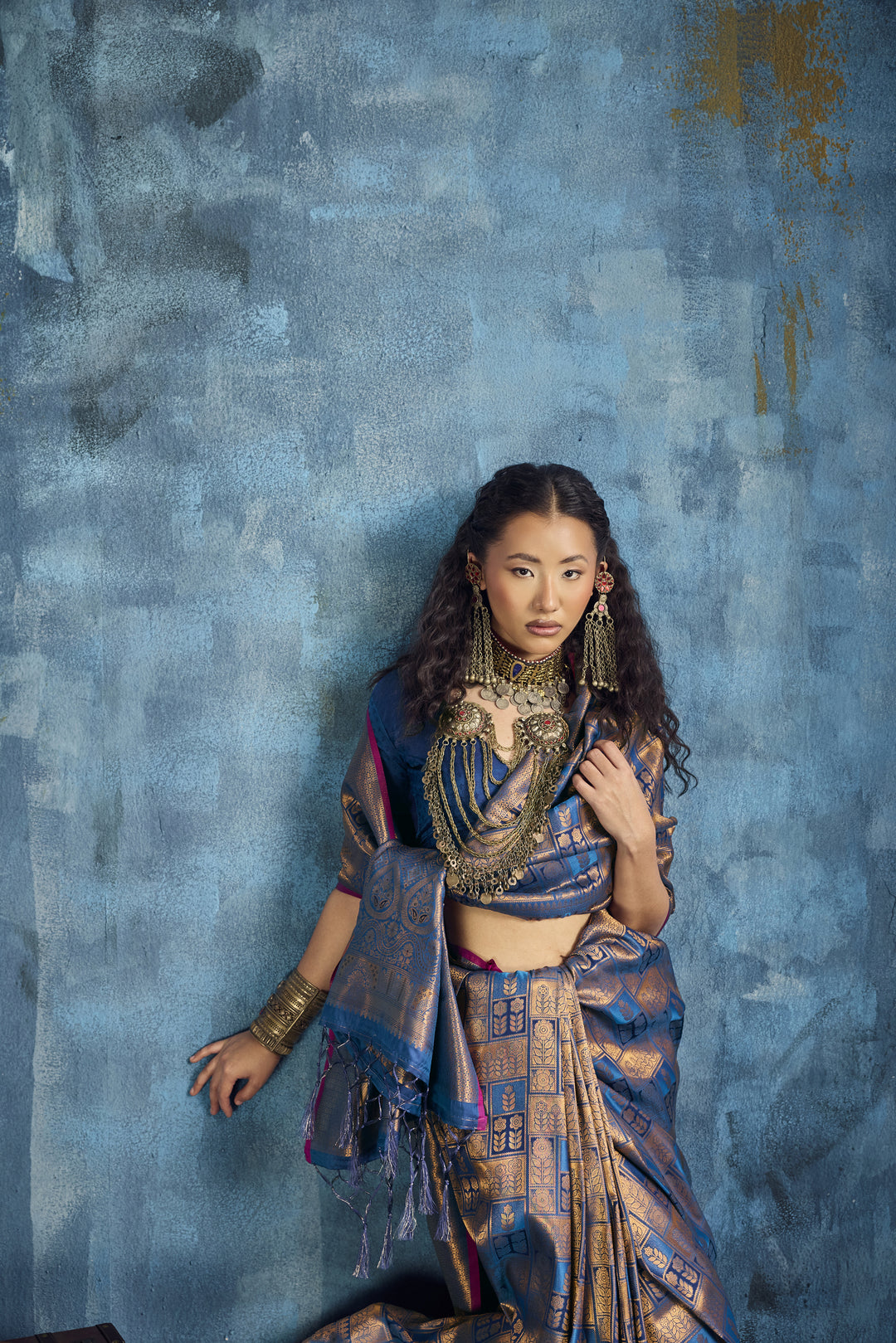 Steel Blue Handloom Silk Saree with Antique Gold Zari Weaving