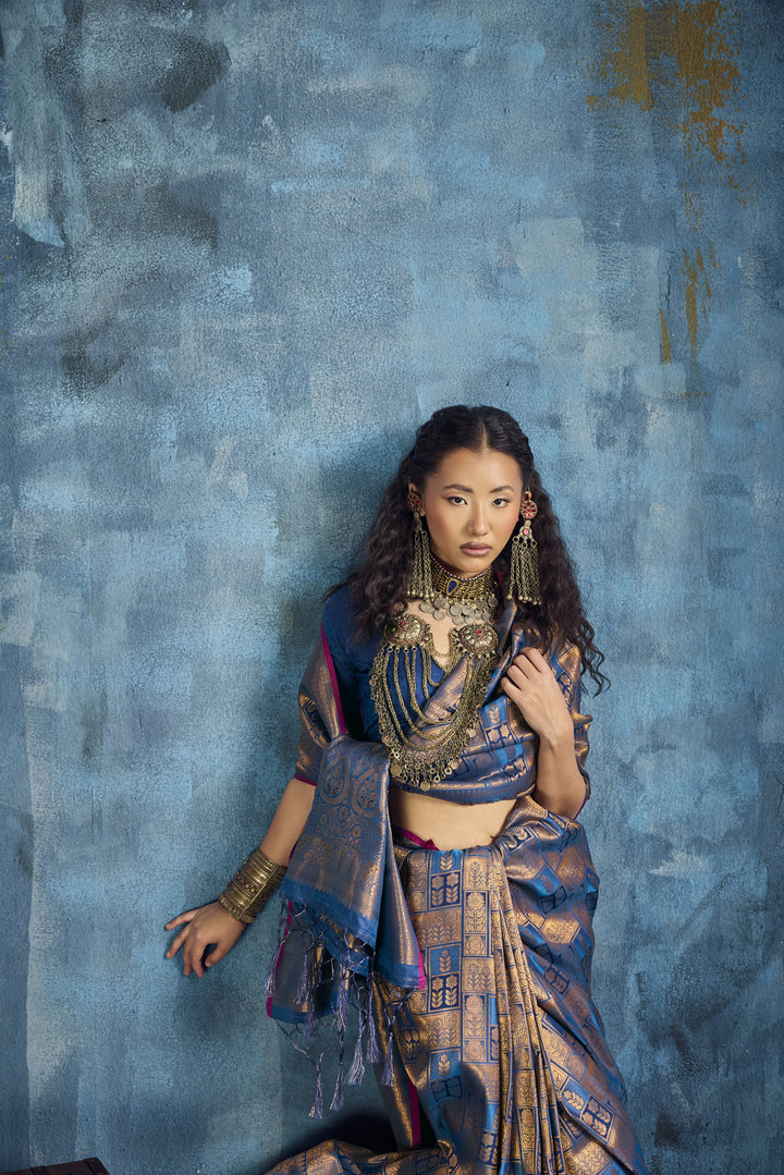 Steel Blue Handloom Silk Saree with Antique Gold Zari Weaving