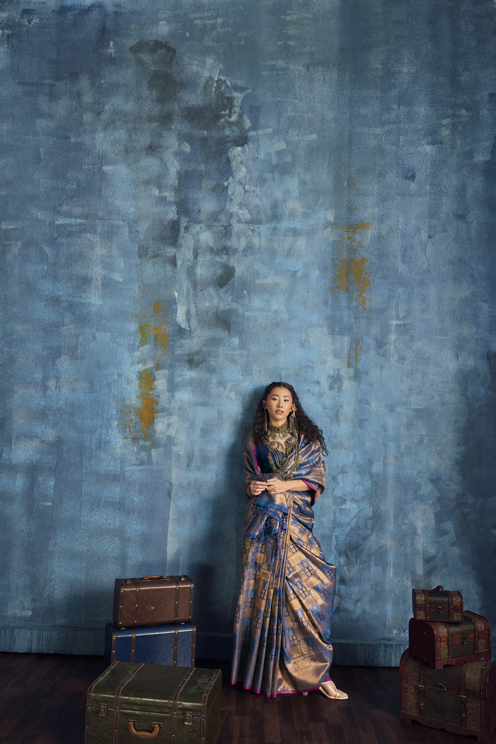 Steel Blue Handloom Silk Saree with Antique Gold Zari Weaving