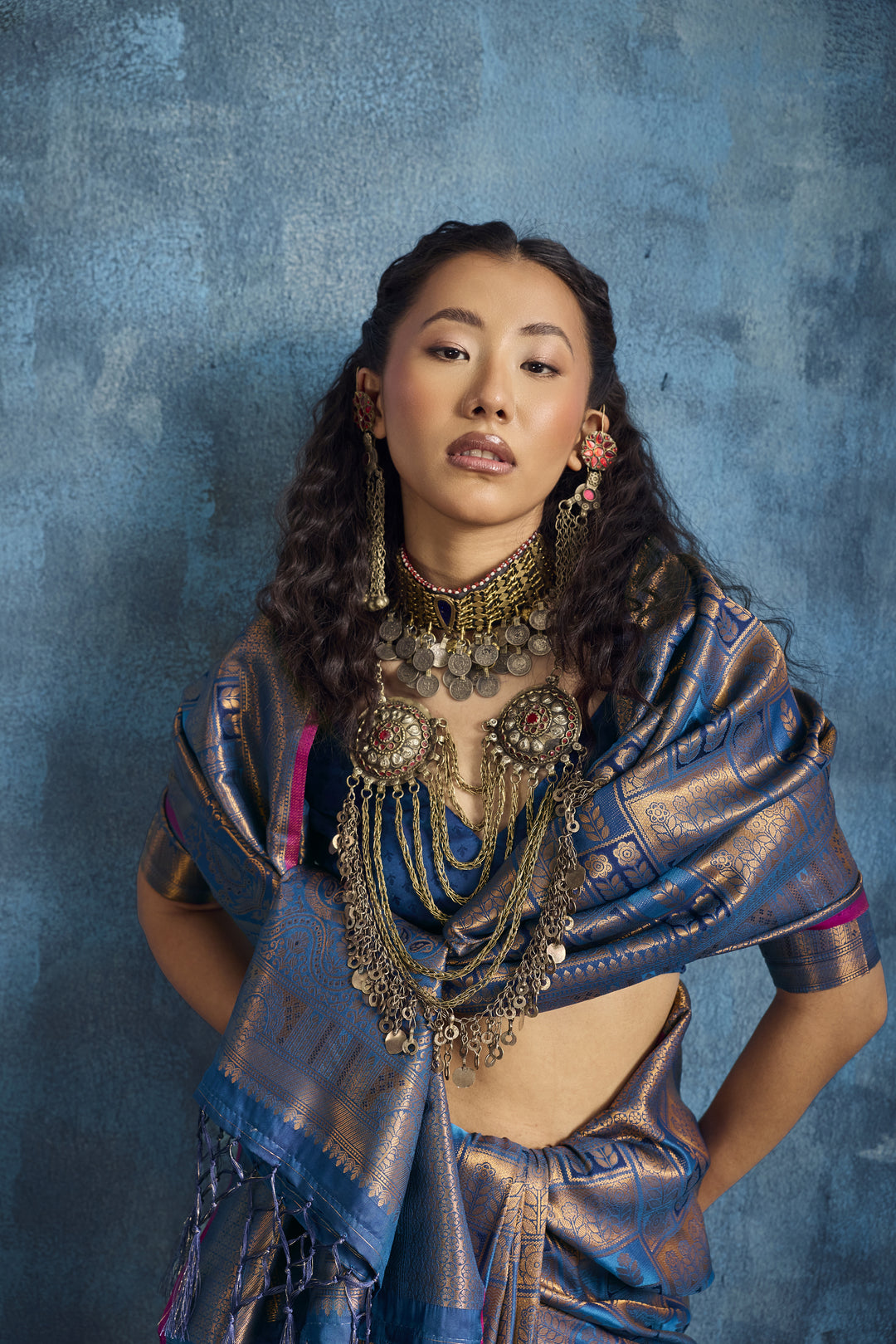 Steel Blue Handloom Silk Saree with Antique Gold Zari Weaving