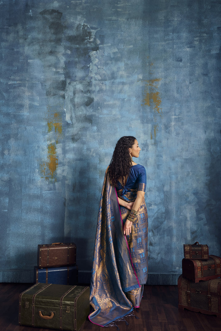 Steel Blue Handloom Silk Saree with Antique Gold Zari Weaving