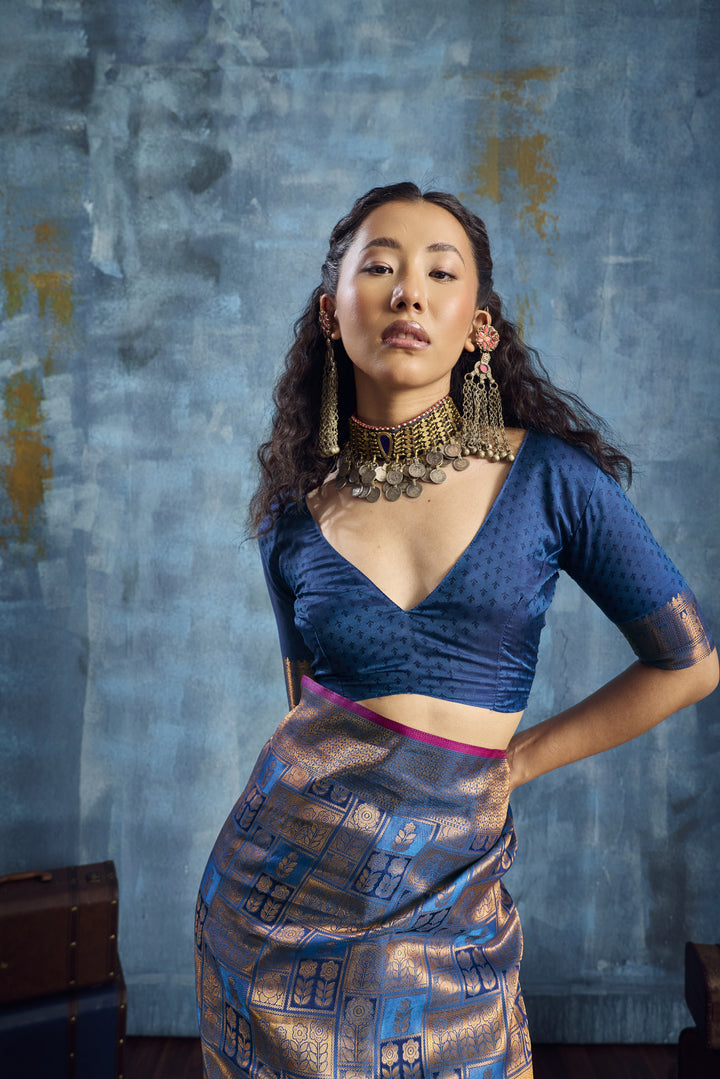 Steel Blue Handloom Silk Saree with Antique Gold Zari Weaving