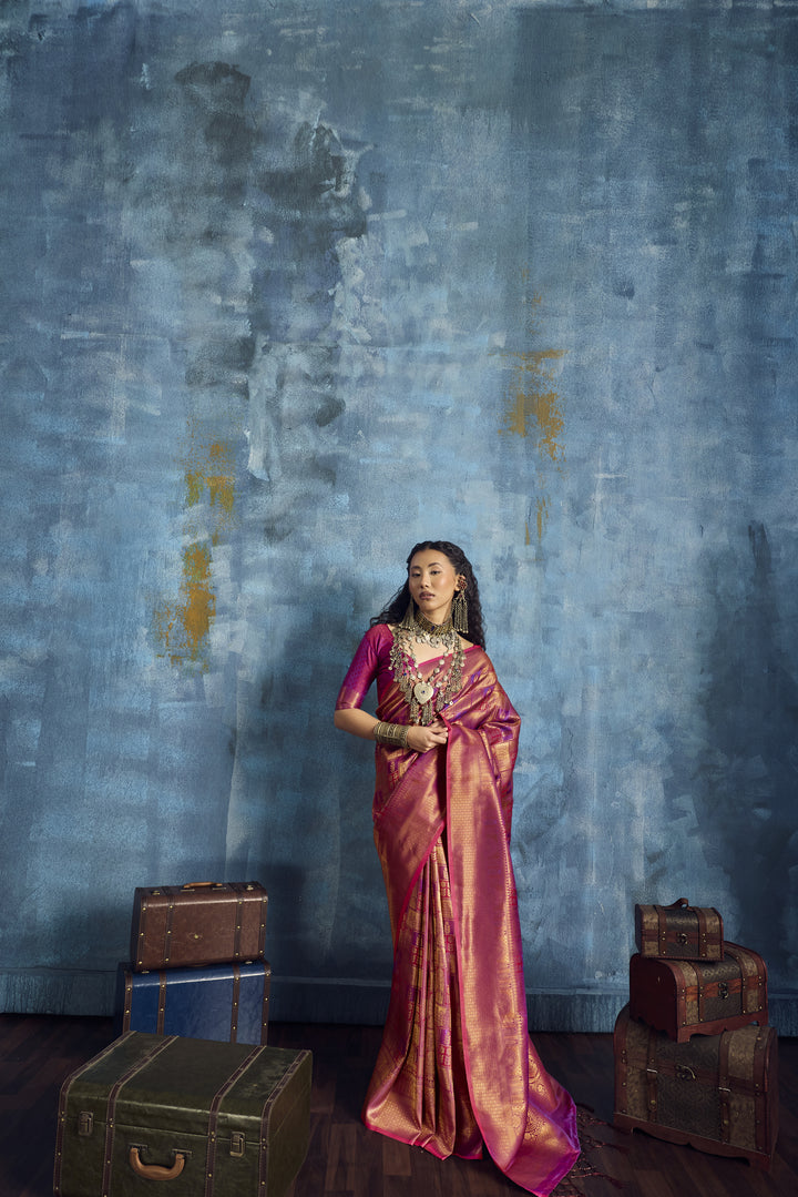 Rani Pink Handloom Silk Saree with Rich Gold Zari Weaving