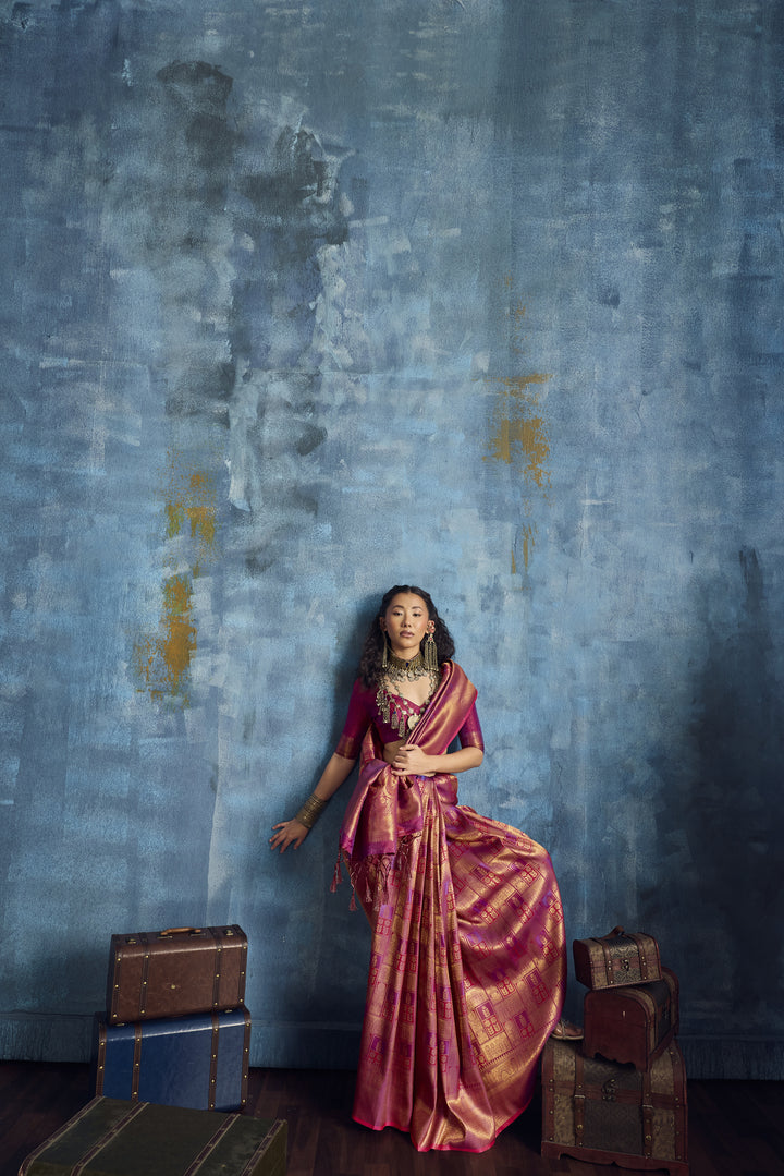 Rani Pink Handloom Silk Saree with Rich Gold Zari Weaving