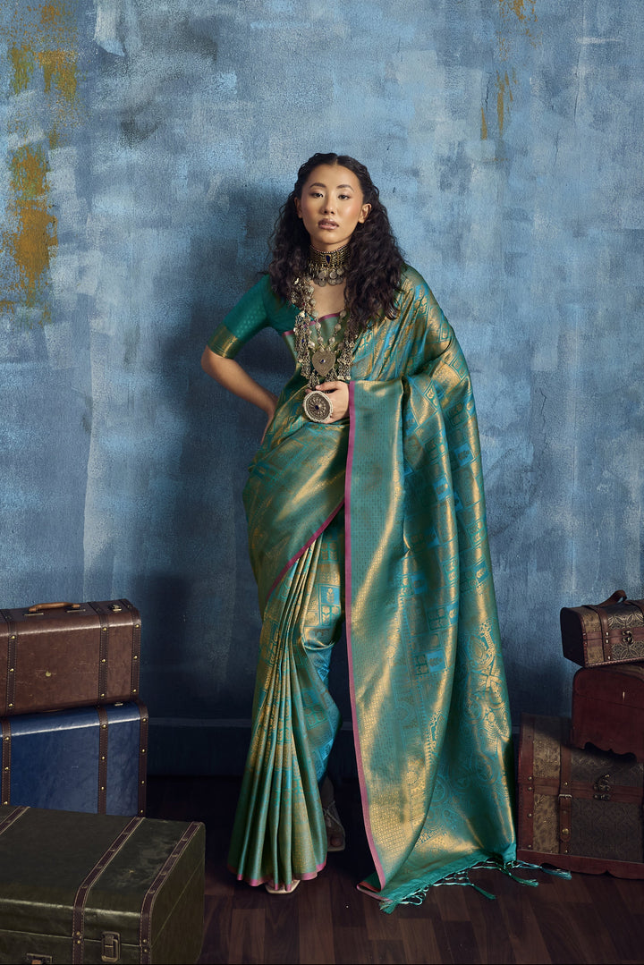 Teal Green Handloom Silk Saree with Gold Zari Weaving & Contrast Border