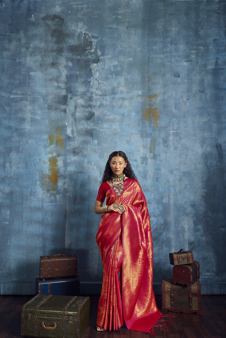 Radiant Red Handloom Silk Saree with Rich Gold Zari Weaving