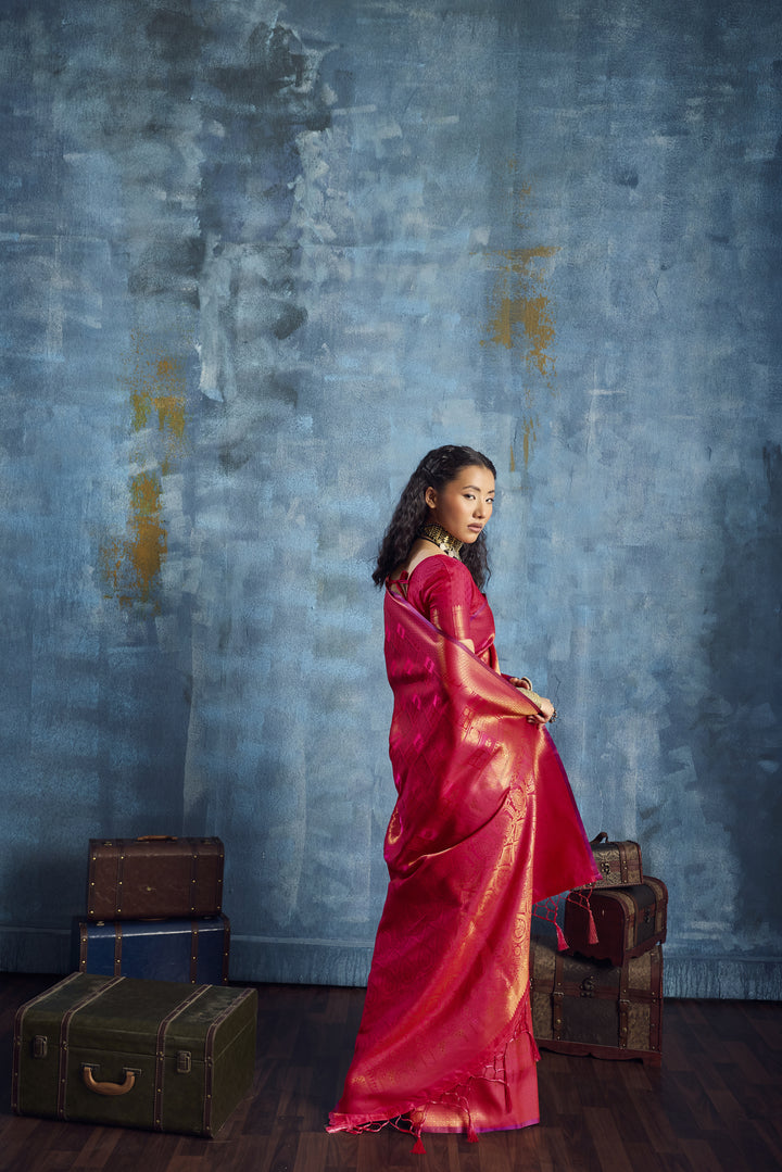 Radiant Red Handloom Silk Saree with Rich Gold Zari Weaving