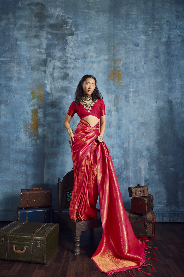 Radiant Red Handloom Silk Saree with Rich Gold Zari Weaving