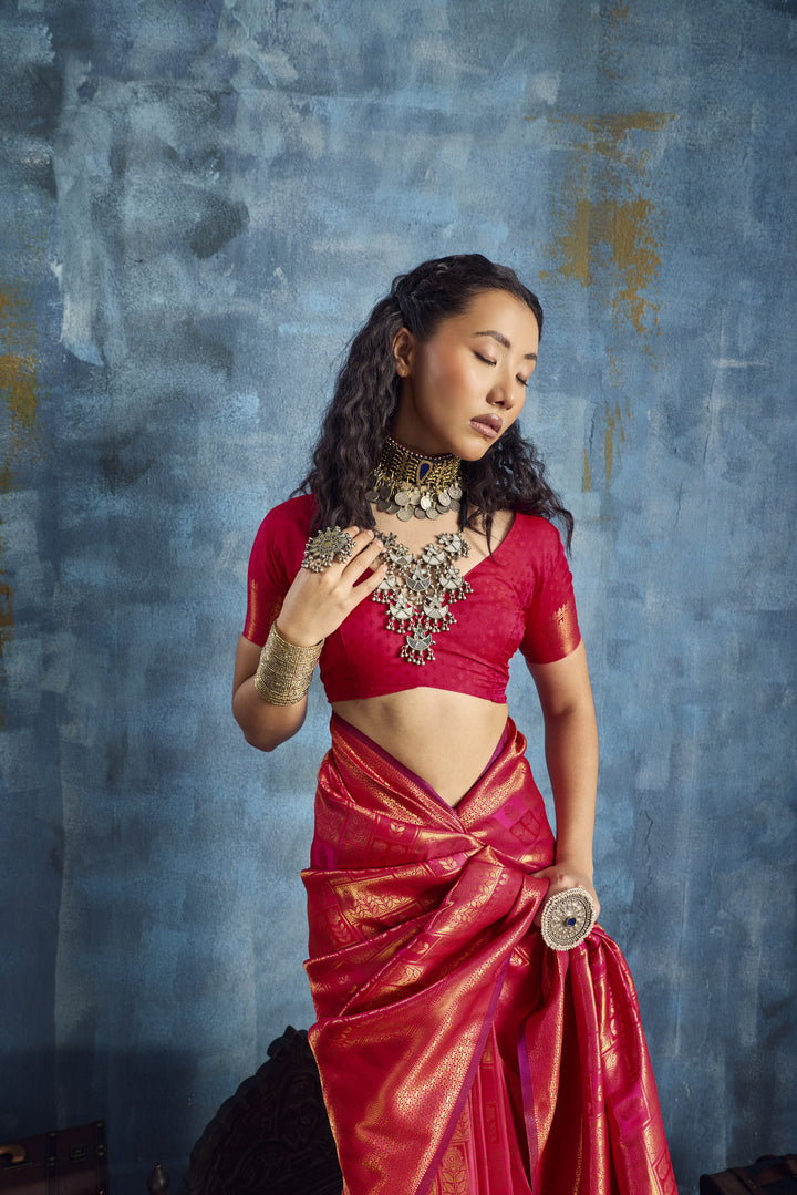 Radiant Red Handloom Silk Saree with Rich Gold Zari Weaving