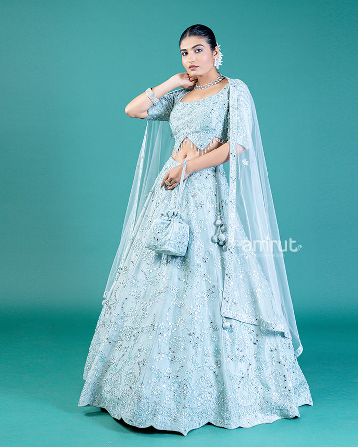 Aqua Blue Embellished Lehenga Choli with A-Line Skirt and Sheer Dupatta with Potli Hand Bag