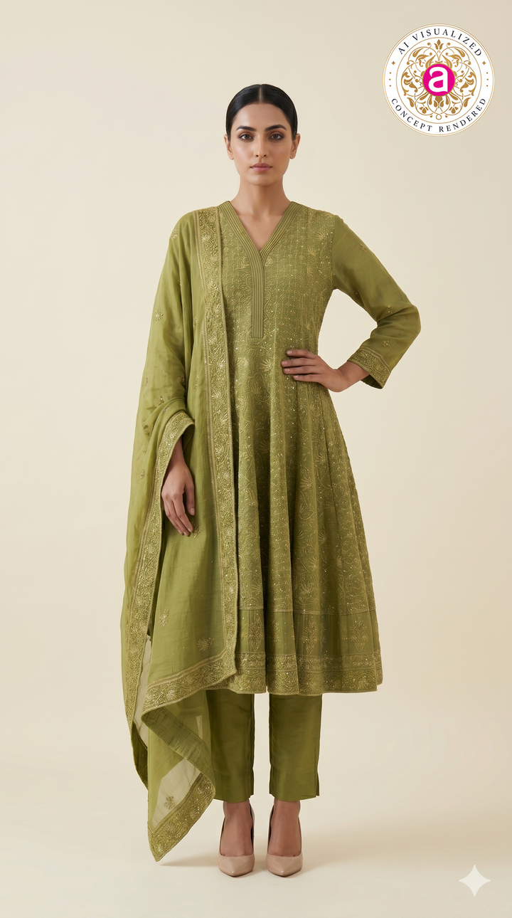 Olive Green Embroidered Anarkali Suit Set with Dupatta