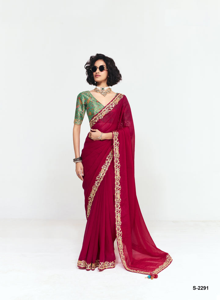 Rani Pink Georgette Saree with Heavy Embroidered Border