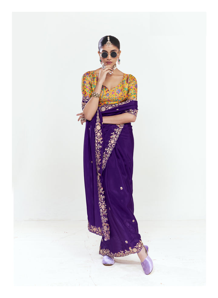 Royal Purple Georgette Saree with Heavy Embroidered Border