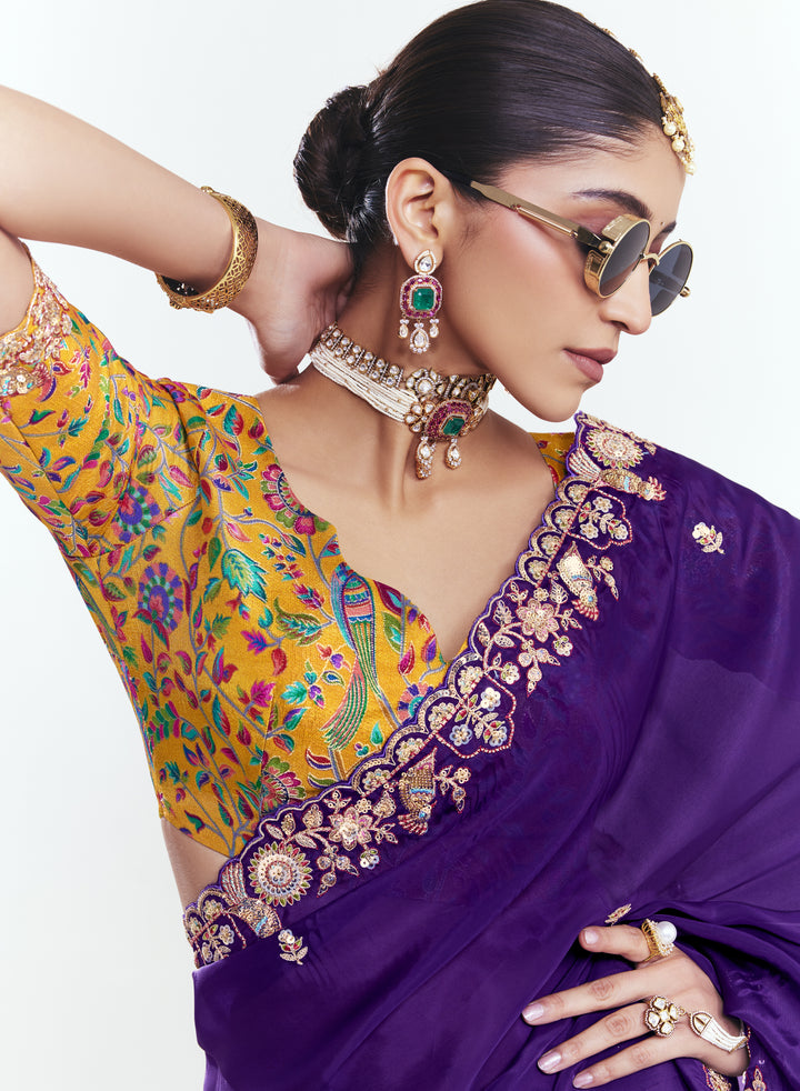 Royal Purple Georgette Saree with Heavy Embroidered Border