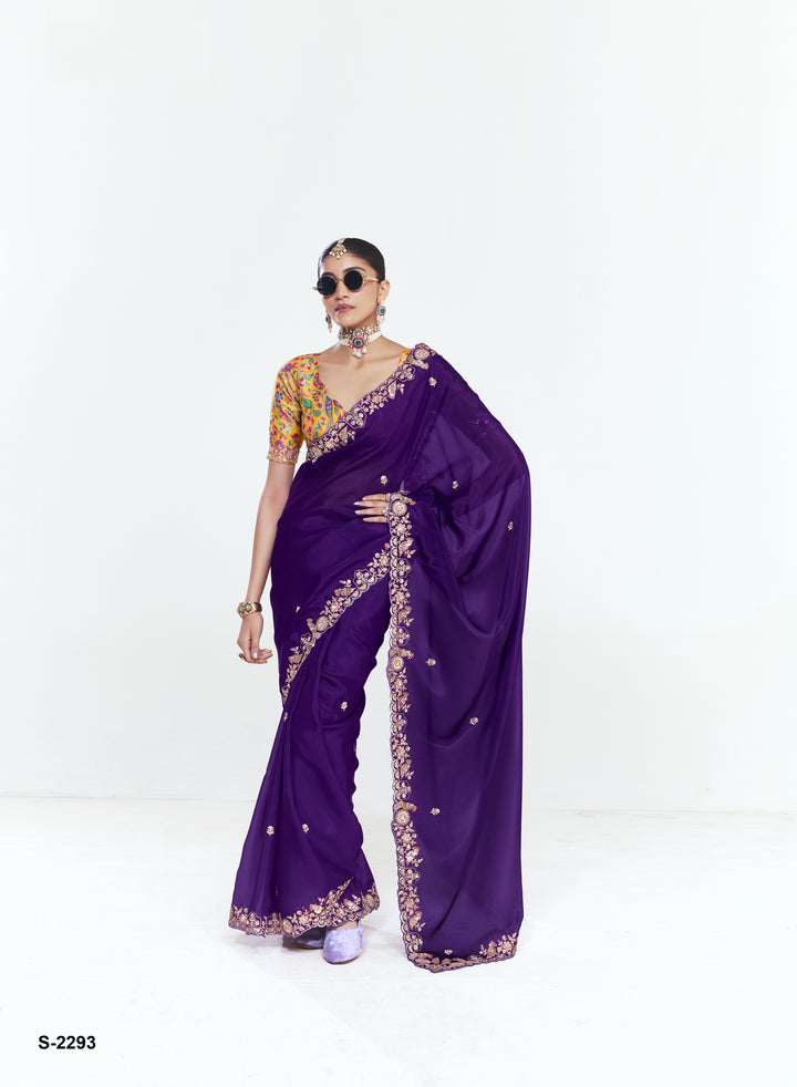 Royal Purple Georgette Saree with Heavy Embroidered Border